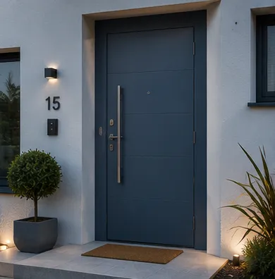 Aurum Puertas puerta acorazada azul medio vista exterior · Diseño catálogo Madrid
