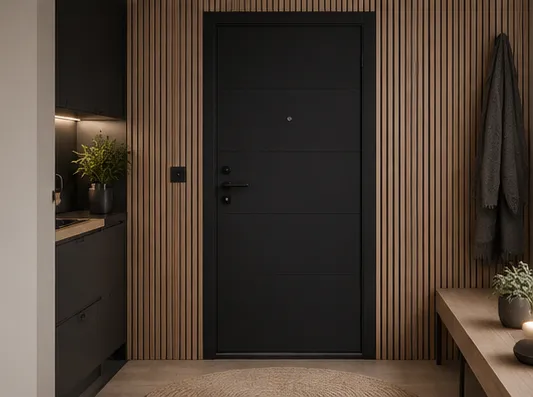 Aurum Puertas puerta acorazada entrada madera y gris oscuro · Diseño catálogo Atenas