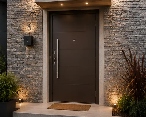 Aurum Puertas puerta acorazada exterior negra con fachada piedra · Diseño catálogo Madrid
