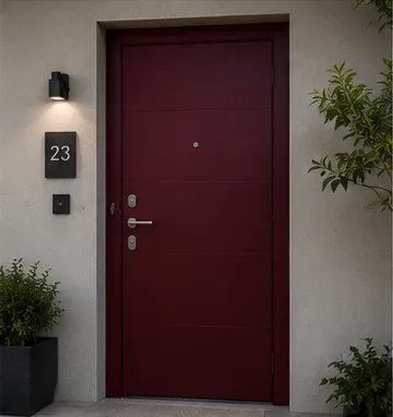 Aurum Puertas puerta acorazada granate vista exterior · Diseño catálogo Madrid