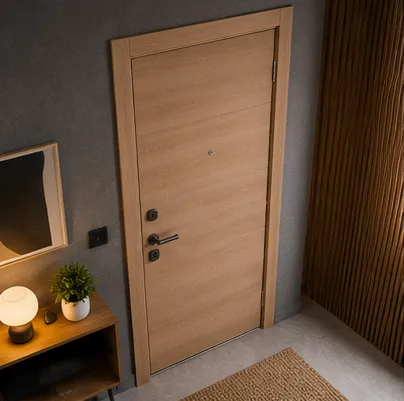 Aurum Puertas puerta acorazada material madera clara entrada