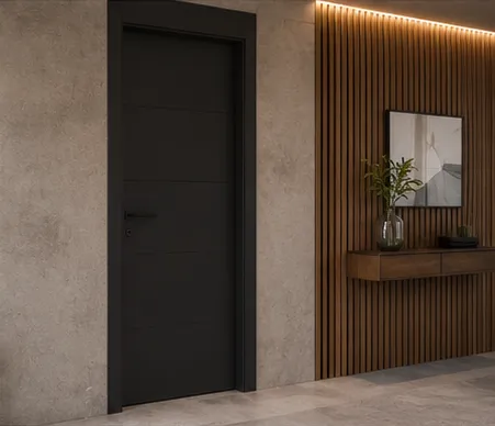 Aurum Puertas puerta acorazada negro en pasillo · Diseño catálogo Madrid
