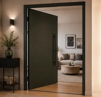 Aurum Puertas puerta acorazada verde oliva oscuro paso pasillo a sala estar · Diseño catálogo Madrid