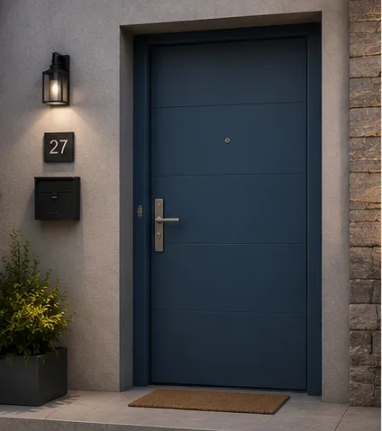 Aurum Puertas puerta acorazada vista exterior azul · Diseño catálogo Madrid