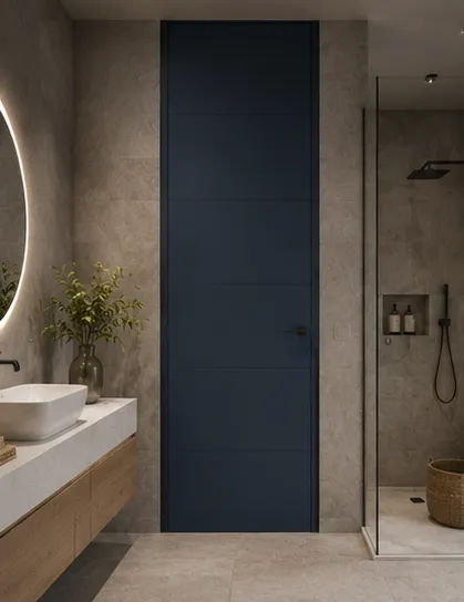 Aurum Puertas puerta de suelo a techo baño azul marino· Diseño catálogo Atenas