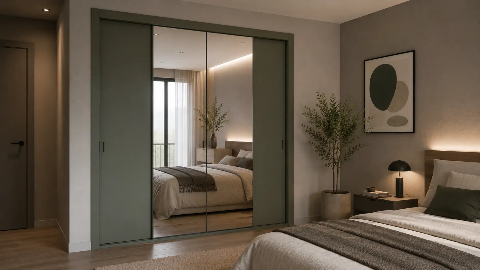 Aurum Puertas puerta armario con espejo en dormitorio minimalista con colores verde pistacho