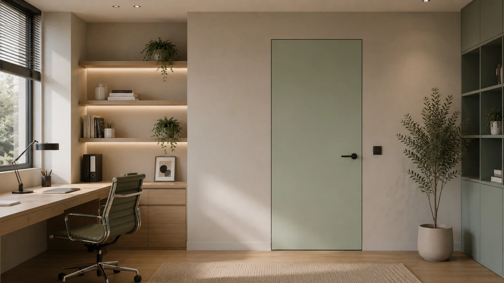 Aurum Puertas puerta enrasada despacho minimalista color menta · Diseño Liso
