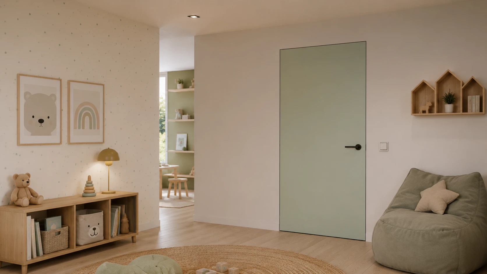 Aurum Puertas puerta enrasada para entrada a habitación infantil minimalista divertida colores menta