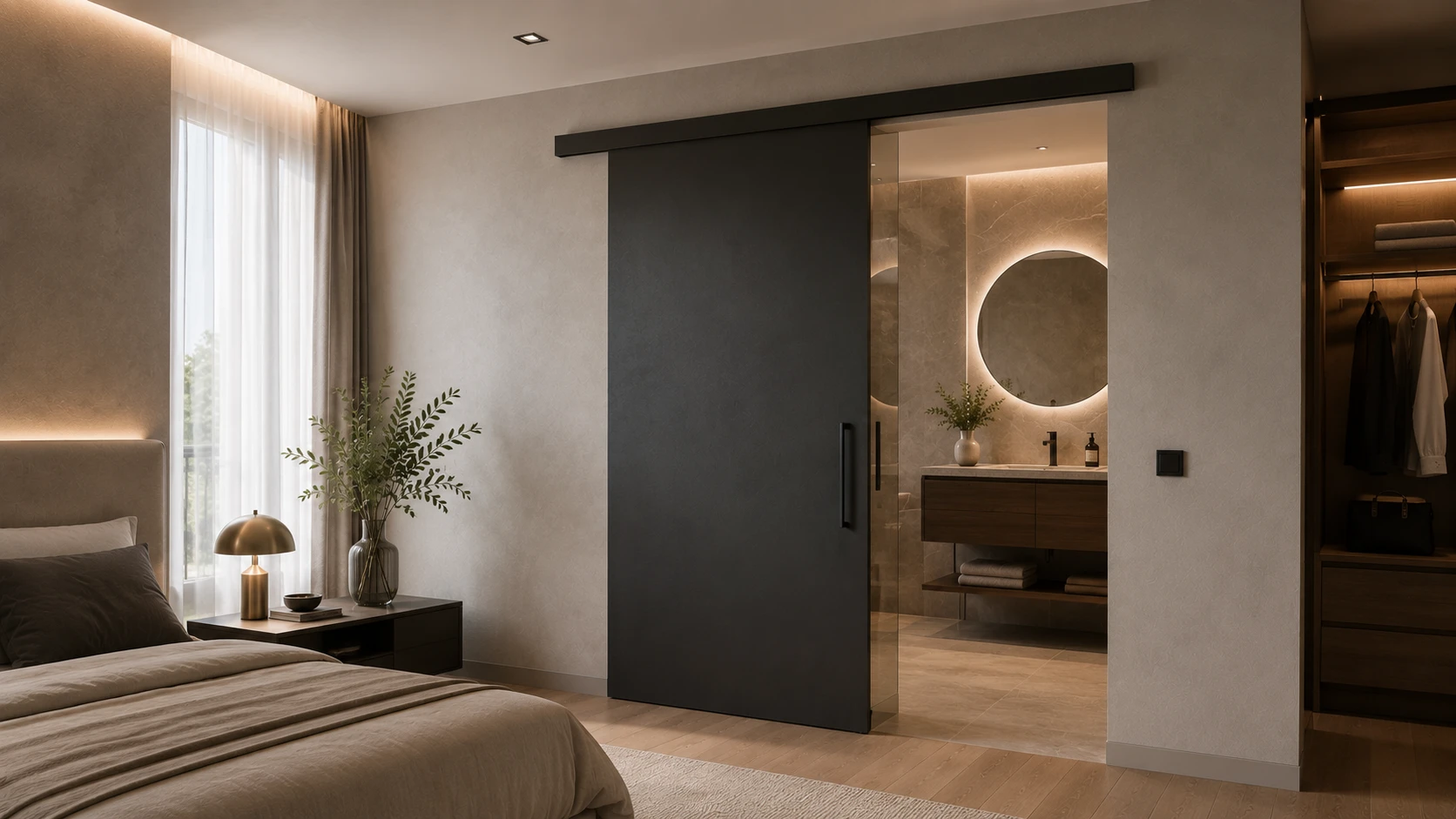 Aurum Puertas puerta interior corredera dormitorio baño color negro grisaceo · Diseño Liso
