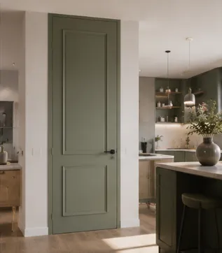 Aurum Puertas puerta de suelo a techo cocina verde · Diseño catálogo Moldurada 2C